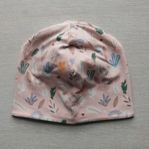 Berrettino Foglioline fondo rosa cipria interno verde 1-2 anni