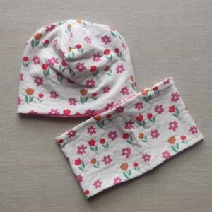 Berrettino e scaldacollo Fiori Jersey Magico interno rosa 1-2 anni