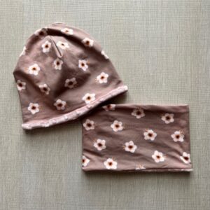 Berrettino e Scaldacollo pile Fiori cipria 7-10 anni