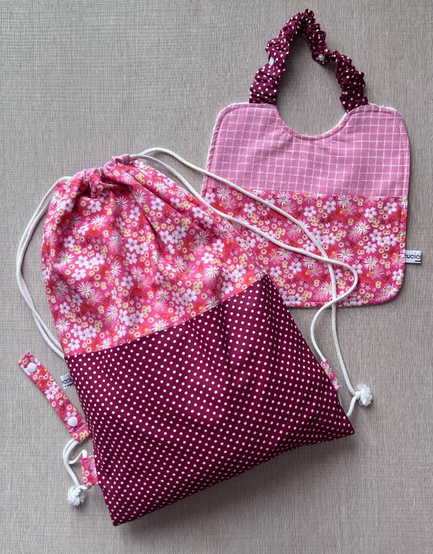 Sacchetta Zainetto e Bavaglino Fiori Rosa